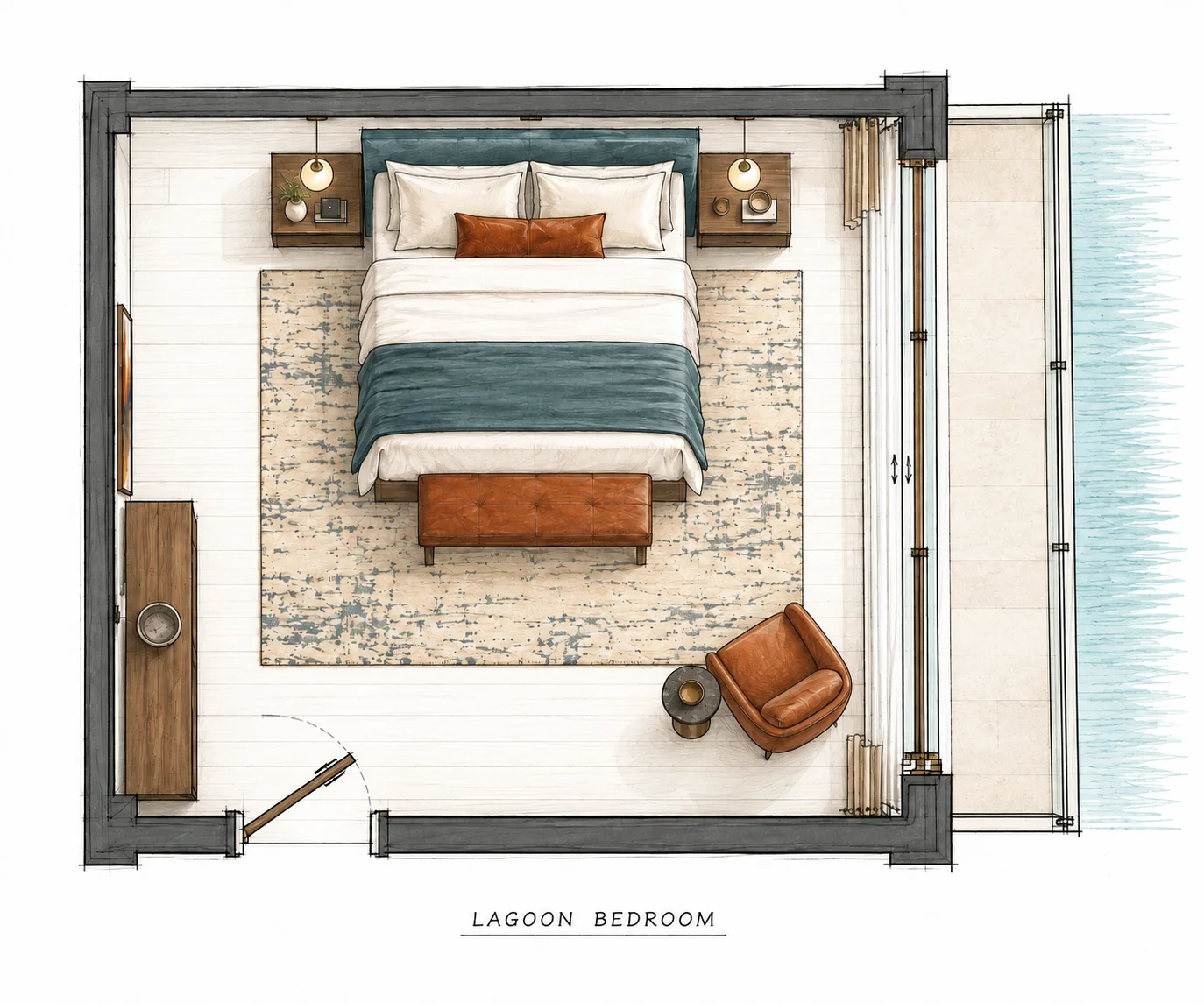 Hand-drawn conceptual floor plan derived from the bedroom view, with the bed against the solid wall and glazing along the right side