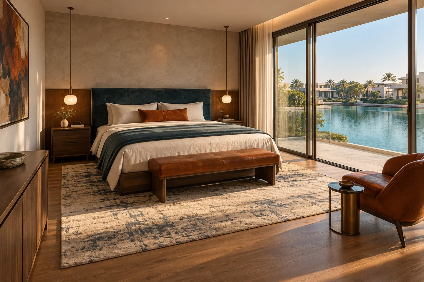 High-end master bedroom with a teal headboard, walnut furniture and a balcony overlooking a landscaped lagoon inside a residential compound