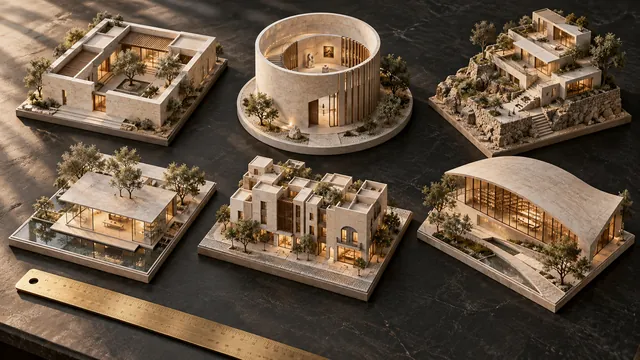 Six independent architectural models sharing one material and lighting direction.