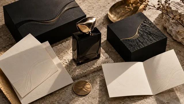Unbranded black perfume packaging and ivory stationery with abstract embossed details.