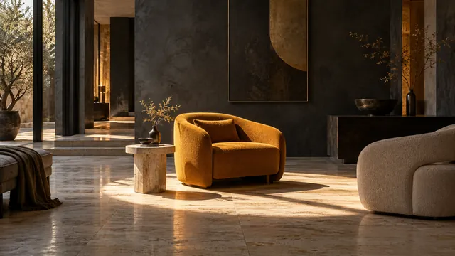 A saffron chair isolated by sunlight within a restrained stone lounge.