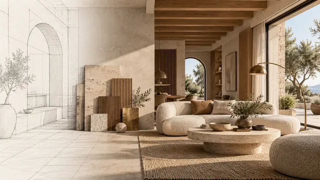 An interior transitioning from architectural linework and samples to a finished room.