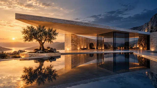 Fictional stone pavilion in warm and cool light.