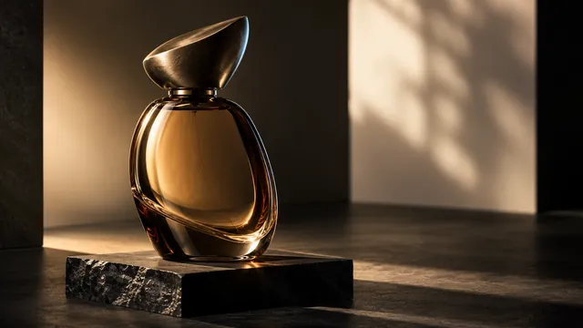 An unbranded amber glass vessel with soft key light and a precise edge highlight.