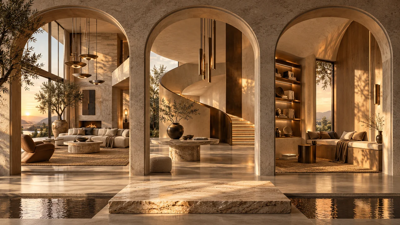 Three different interiors with a shared warm palette, lighting and materials.