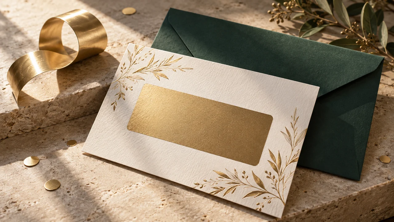 Premium ivory invitation with a gold scratch area and forest-green envelope