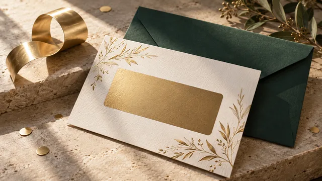 Premium ivory invitation with a gold scratch area and forest-green envelope