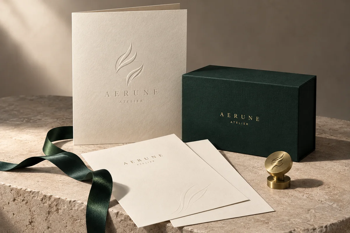 Forest-green and ivory fictional brand stationery