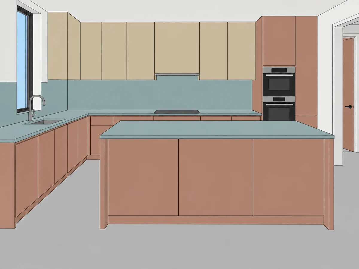 Muted terracotta, dusty teal and champagne proxy colours on a kitchen model