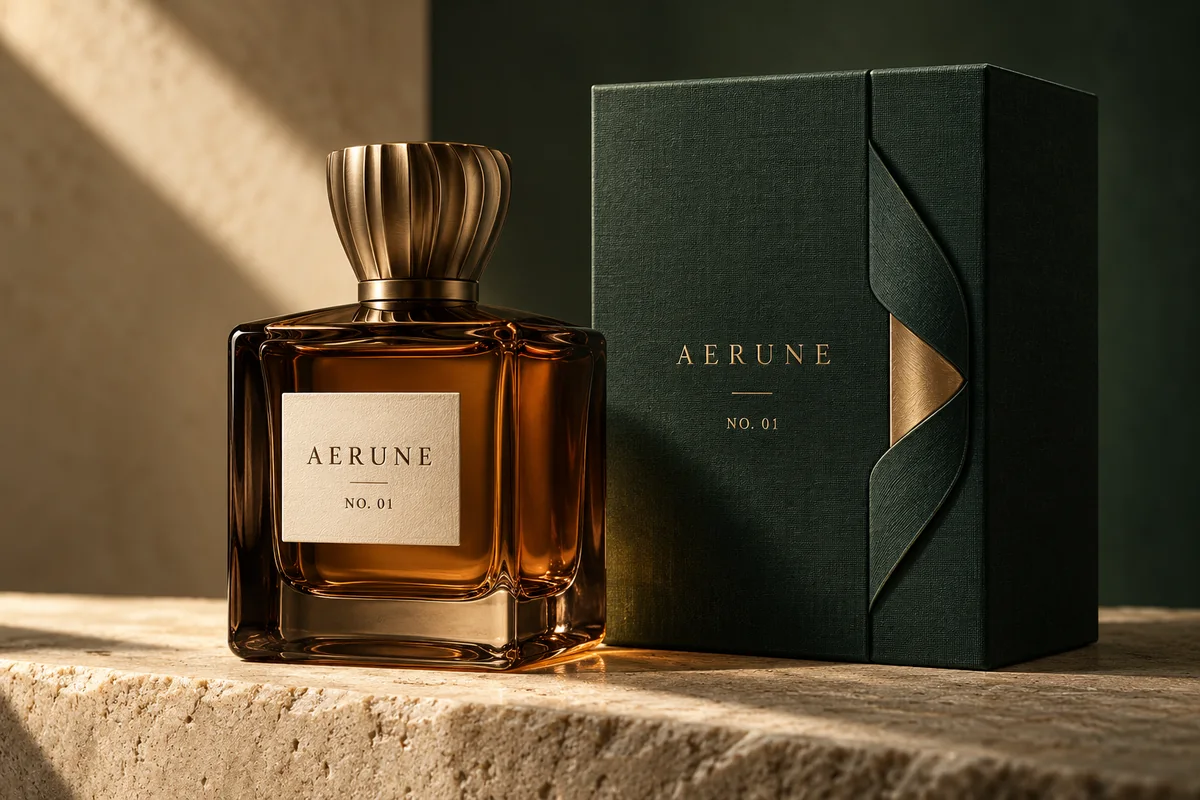 Amber fragrance bottle and forest-green packaging concept