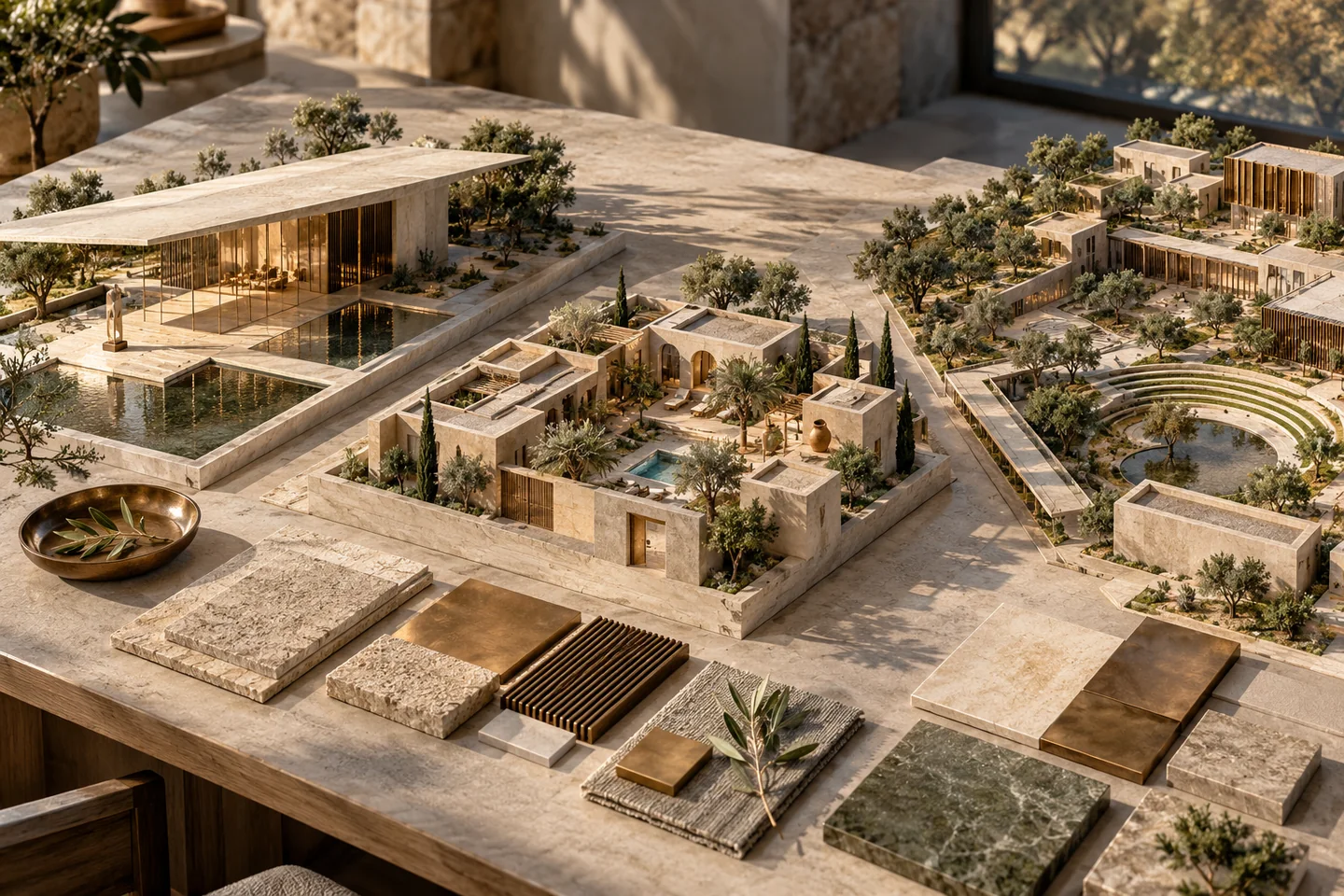 Miniature art pavilion, courtyard retreat and cultural campus arranged with limestone, bronze and textile samples