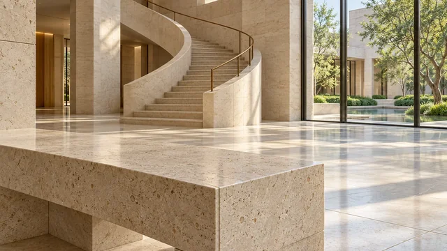 Limestone gallery with a curved staircase, textured stone bench and garden glazing