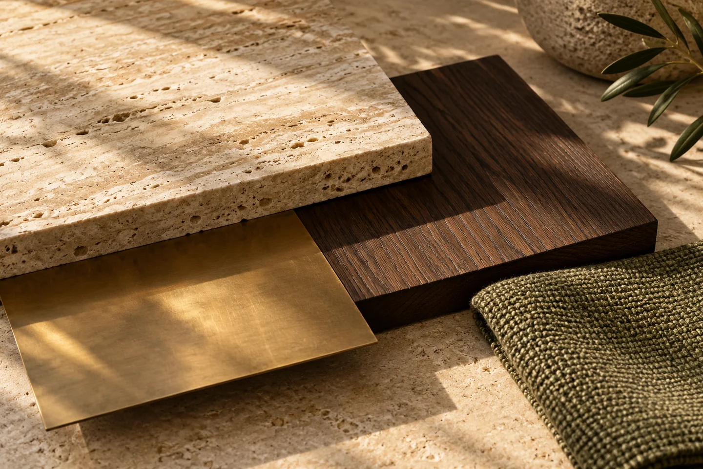 Close view of travertine, dark timber, brushed brass and olive woven textile under soft directional sunlight