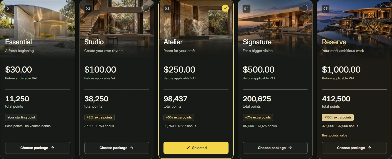 Local preview of the five points packages from Essential through Reserve, with Atelier selected